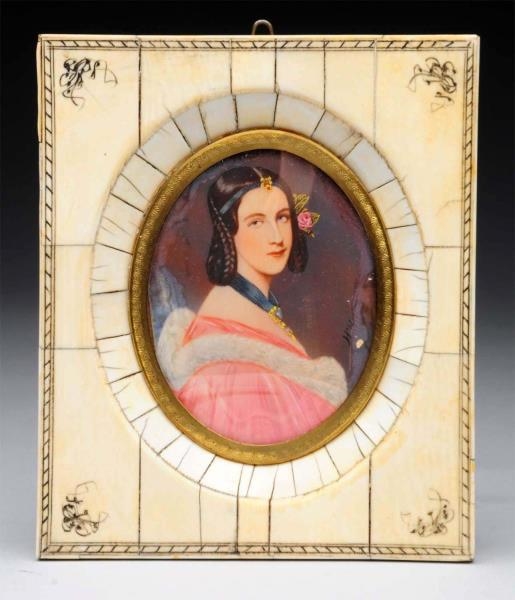 MINIATURE IVORY PAINTING OF A YOUNG LADY.         