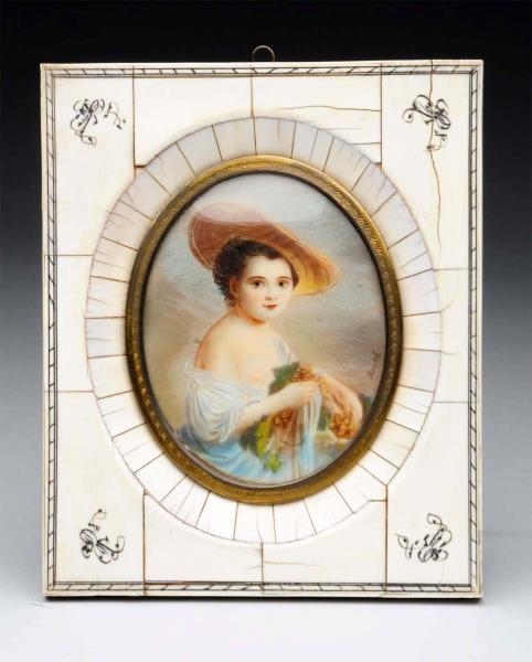 MINIATURE IVORY PAINTING OF YOUNG LADY.           