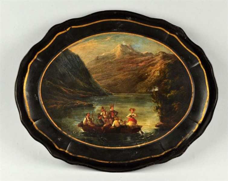 PAINTING OF PEOPLE IN A BOAT GOING ACROSS THE     