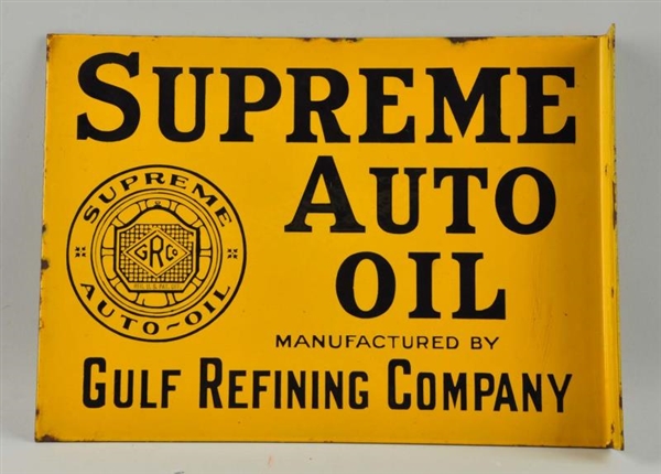 SUPREME AUTO OIL BY GULF PORCELAIN FLANGE SIGN.   