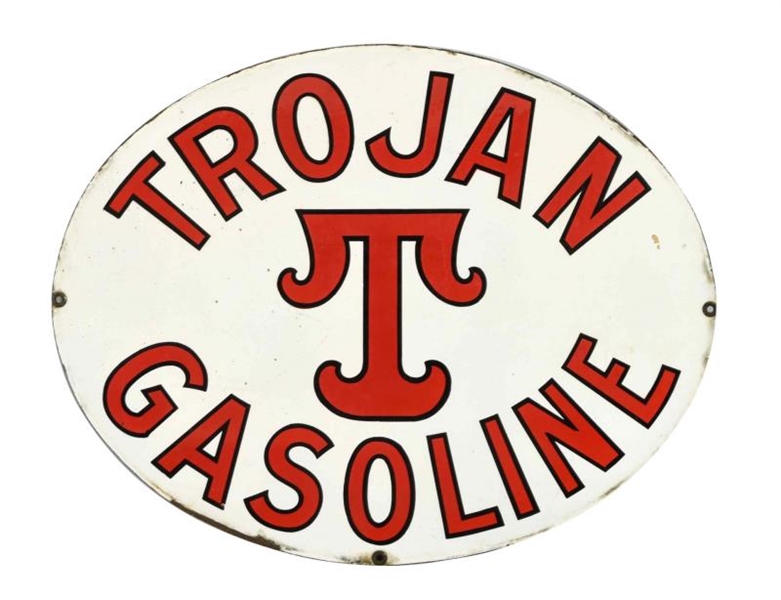 TROJAN GASOLINE WITH "T" LOGO OVAL PORCELAIN SIGN.
