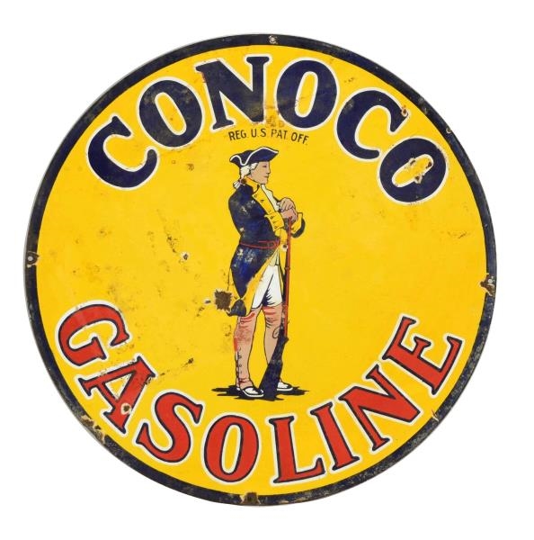 CONOCO GASOLINE WITH SOLDIER LOGO PORCELAIN SIGN. 