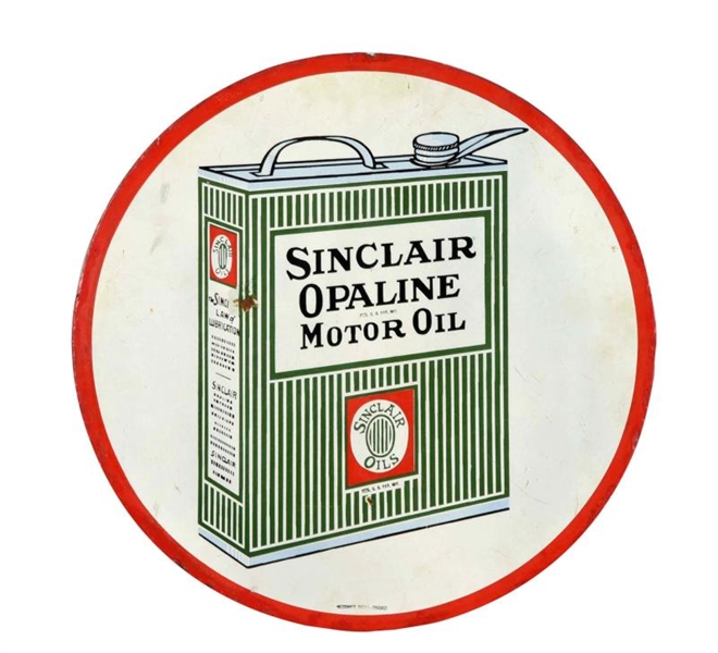 SINCLAIR OPALINE MOTOR OIL W/ STRIPED CAN SIGN.   