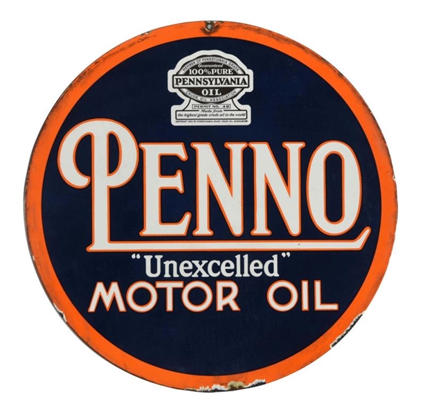PENNO "UNEXCELLED" MOTOR OIL PORCELAIN SIGN.      