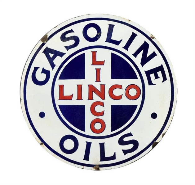 LINCO GASOLINE OILS WITH LOGO PORCELAIN SIGN.     