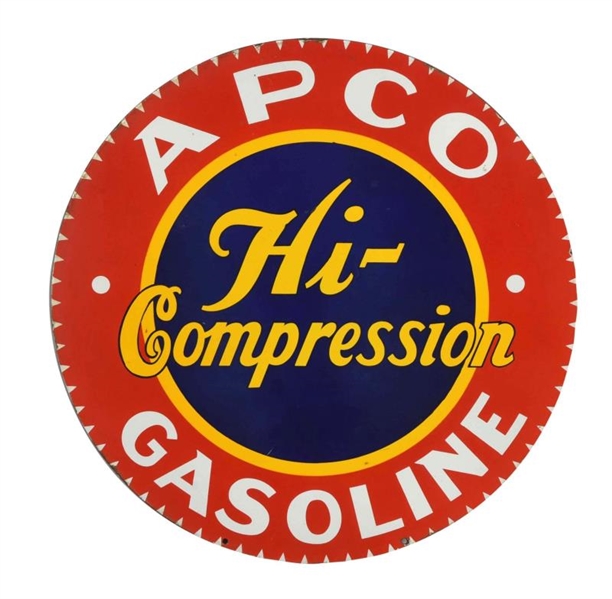 APCO HI-COMPRESSION GASOLINE PORCELAIN SIGN.      