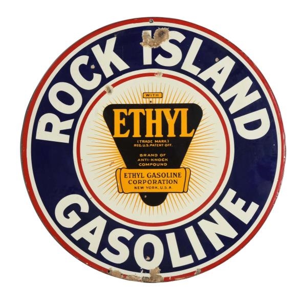 ROCK ISLAND GASOLINE WITH ETHYL LOGO SIGN.        