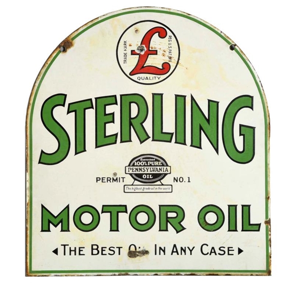 STERLING MOTOR OIL W/ LOGO PORCELAIN DIECUT SIGN. 