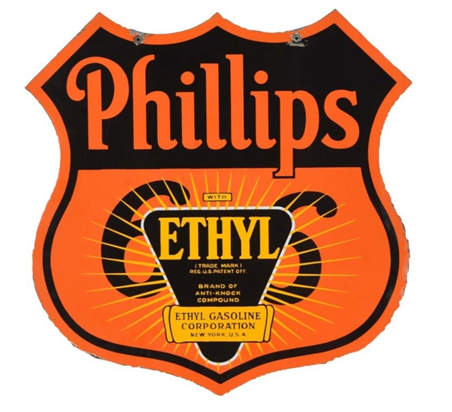 PHILLIPS 66 WITH ETHYL LOGO SHIELD SHAPED SIGN.   