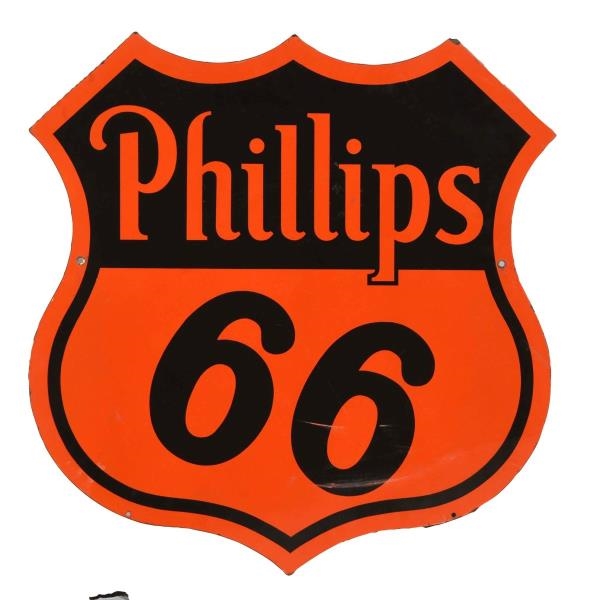 PHILLIPS 66 SHIELD SHAPED PORCELAIN SIGN.         