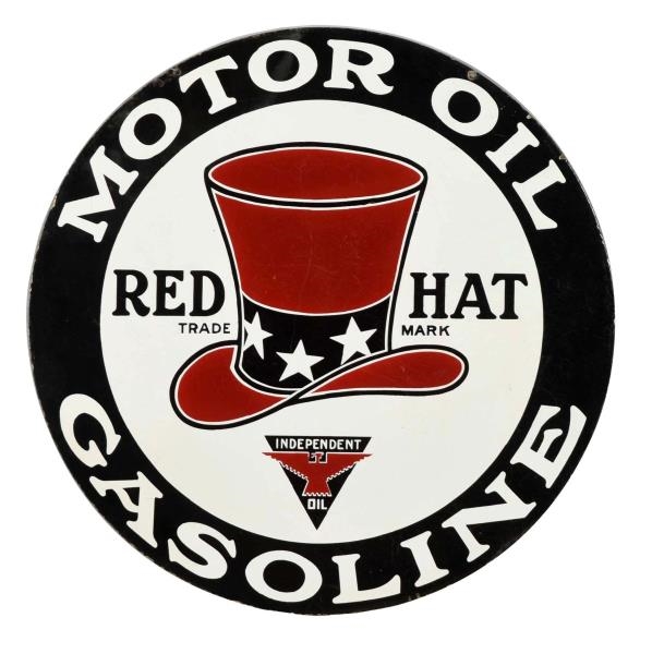 RED HAT MOTOR OIL GASOLINE W/LOGO PORCELAIN SIGN. 