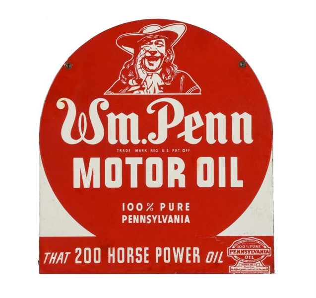 WM. PENN MOTOR OIL W/ LOGO TOMBSTONE SHAPED SIGN. 