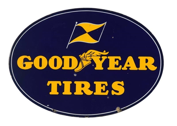 GOODYEAR TIRES WITH WINGED FOOT & FLAG LOGOS SIGN.