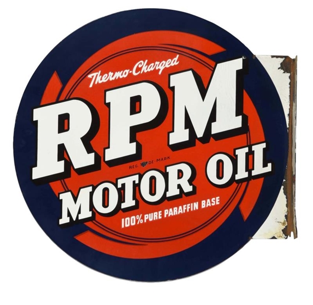 RPM MOTOR OIL PORCELAIN FLANGE SIGN.              