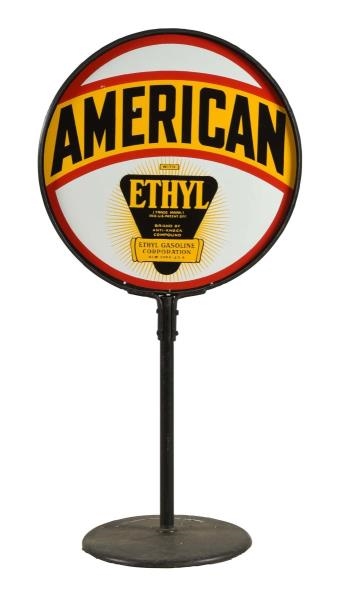 AMERICAN WITH ETHYL LOGO PORCELAIN CURB SIGN.     