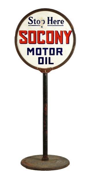 "STOP HERE" SOCONY MOTOR OIL PORCELAIN CURB SIGN. 