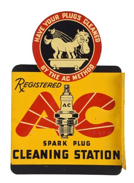 AC SPARK PLUG CLEANING STATION TIN FLANGE SIGN.   