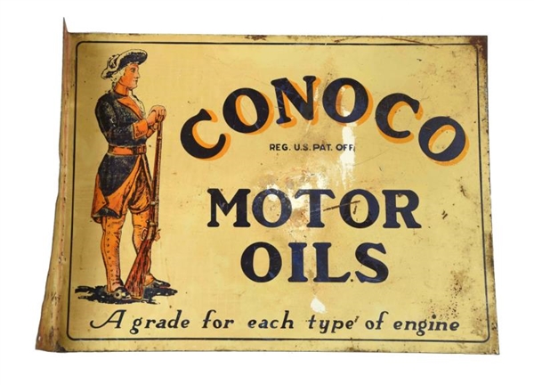 CONOCO MOTOR OIL WITH SOLDIER TIN FLANGE SIGN.    