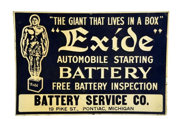 EXIDE BATTERY SERVICE CO. TIN EMBOSSED SIGN.      