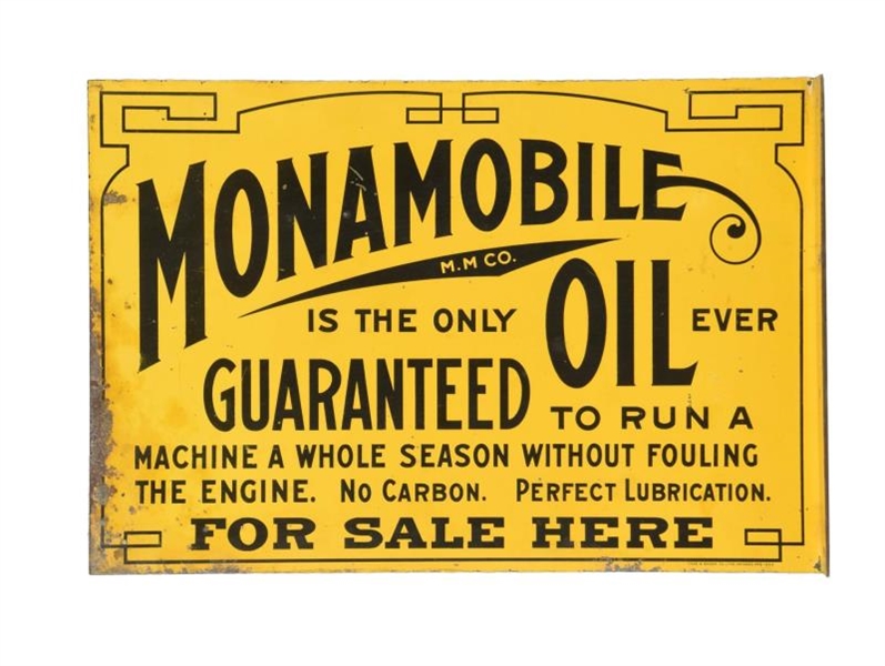 MONAMOBILE OIL "FOR SALE HERE" TIN FLANGE SIGN.   