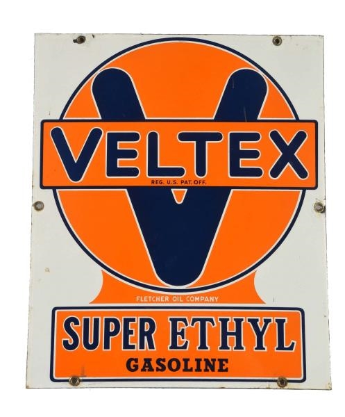 VELTEX SUPER ETHYL GASOLINE PORCELAIN SIGN.       