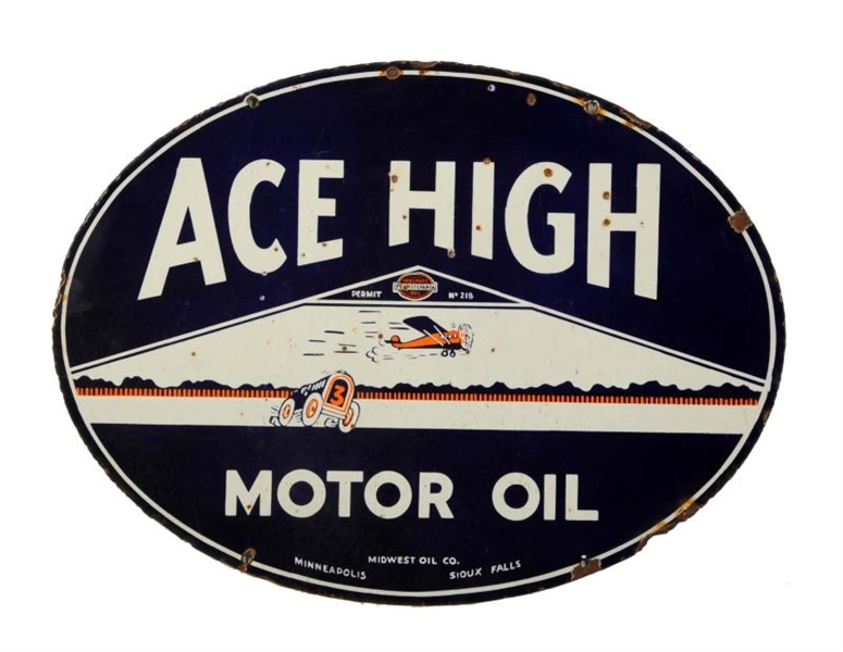 ACE HIGH MOTOR OIL WITH CAR & PLANE GRAPHICS SIGN.