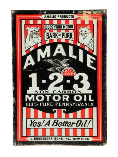 AMALIE 1-2-3 MOTOR OIL EMBOSSED SIGN.             