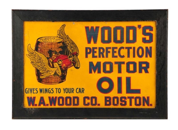 WOODS PERFECTION MOTOR OIL TIN SIGN.             