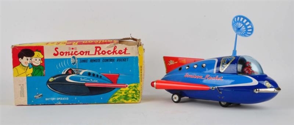 JAPANESE BATTERY-OP TIN LITHO SONICON ROCKET TOY. 