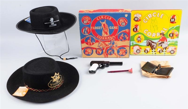LOT OF 3: TWO COWBOY HATS & WYANDOTTE TARGET GAME.