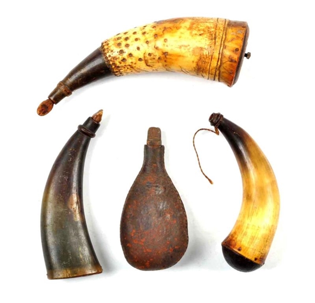 LOT OF 4: THREE POWDER HORNS AND ONE SHOT POUCH.  