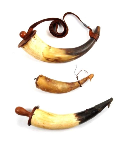 LOT OF 3: EARLY POWDER HORNS.                     