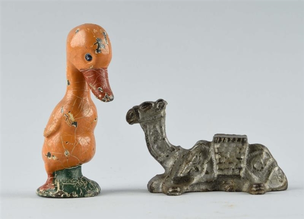 LOT OF 2: CAST IRON DUCK AND CAMEL PAPERWEIGHTS.  