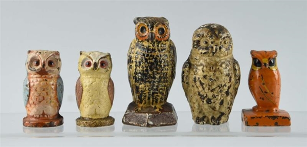 LOT OF 5: CAST IRON ASSORTED OWL PAPERWEIGHTS     