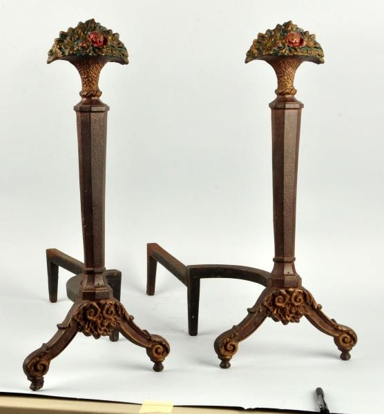 CAST IRON MIXED FLOWERS IN WICKER BASKET ANDIRONS.