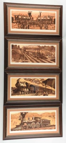 LOT OF FRAMED TRAIN PICTURES.                     