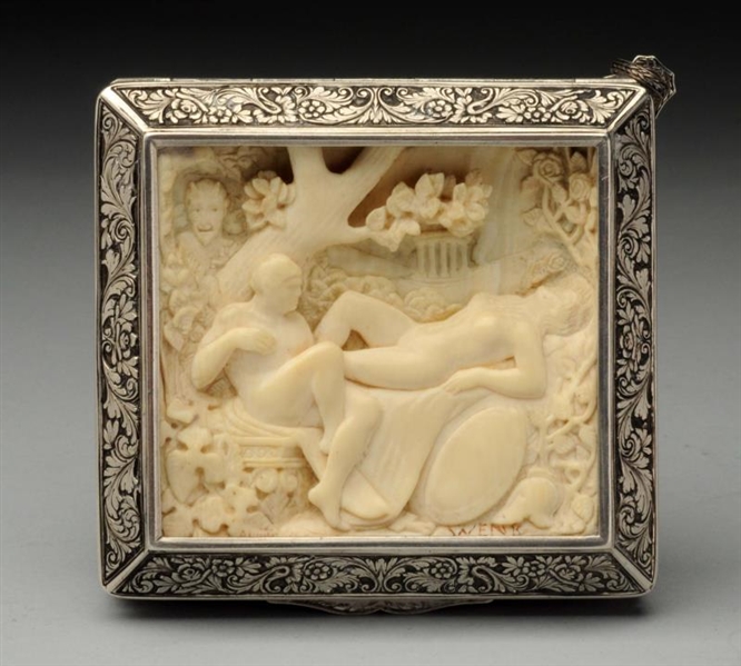 STERLING SILVER BOX WITH CARVED IVORY SCENE.      