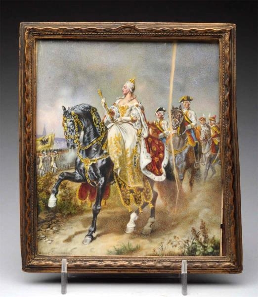 MINIATURE PAINTING OF QUEEN RIDING HORSE.         