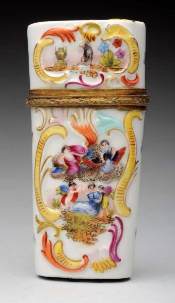 EARLY PORCELAIN EMBOSSED HAND PAINTED HINGED BOX. 