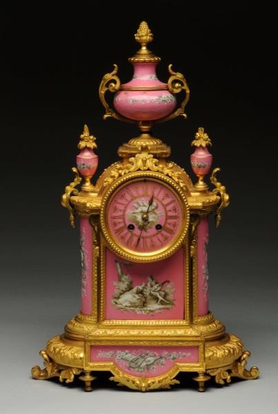 FRENCH HAND PAINTED PORCELAIN & GILT BRONZE CLOCK.