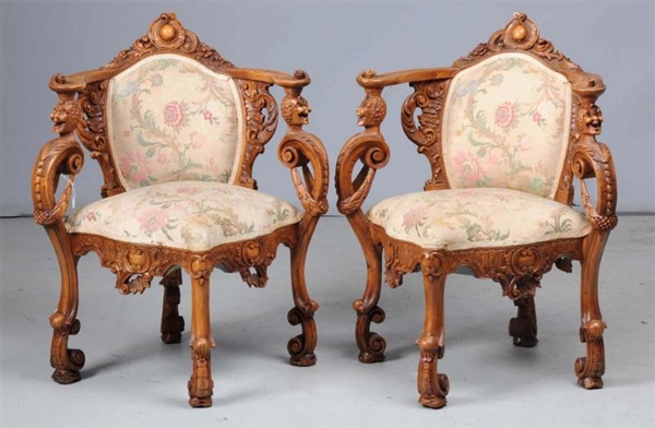 PAIR OF CONTINENTAL CARVED CORNER CHAIRS.         