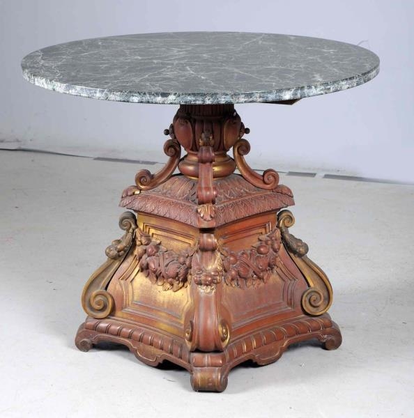 MARBLE TOP TABLE WITH INTRICATE BRONZE BASE.      