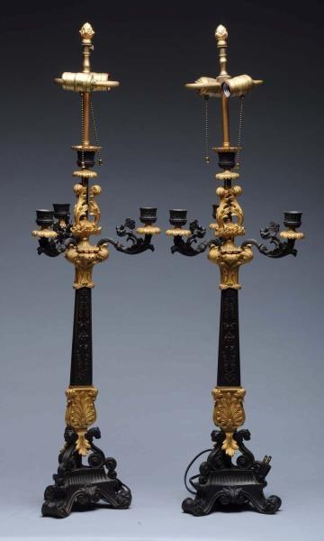 PAIR OF FRENCH GILT & BRONZE CANDELABRAS.         