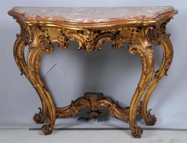FRENCH CARVED GILT LOUIS STYLE MARBLE TOP CONSOLE.