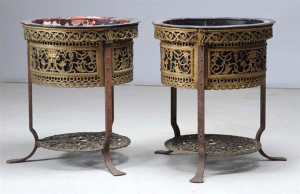 PAIR OF OSCAR BACH BRONZE JARDINIERE ON STANDS.   