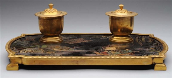 19TH CENTURY. FRENCH BRONZE CLOISONNE INK STAND.  