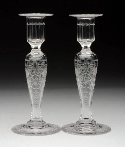 LOT OF 2: ETCHED GLASS CANDLESTICKS.              