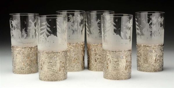 SET OF SIX SILVER MOUNTED GLASSES.                