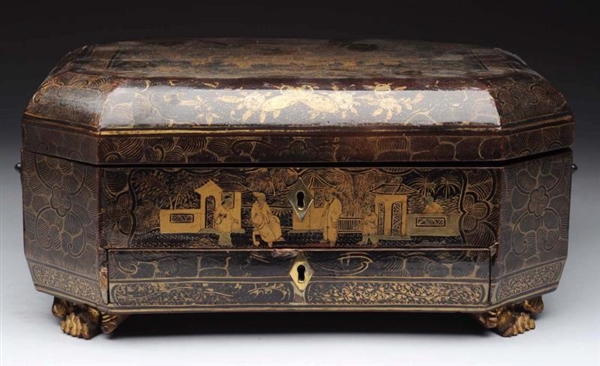 CHINESE BLACK LACQUER SEWING BOX.                 
