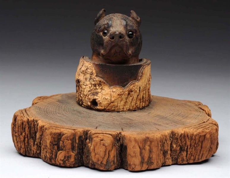 CARVED WOODEN DOG INKWELL.                        